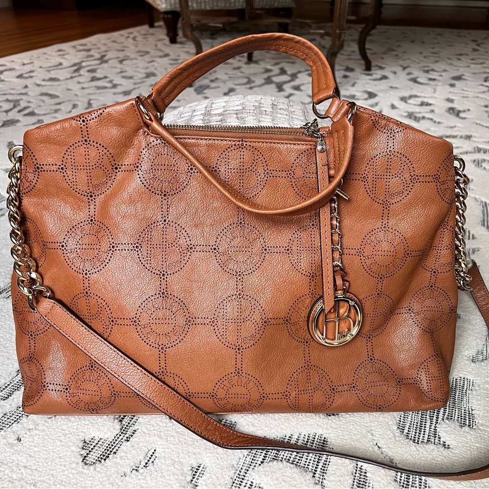 Henri Bendel large tote cognac color with unique all over logo detail